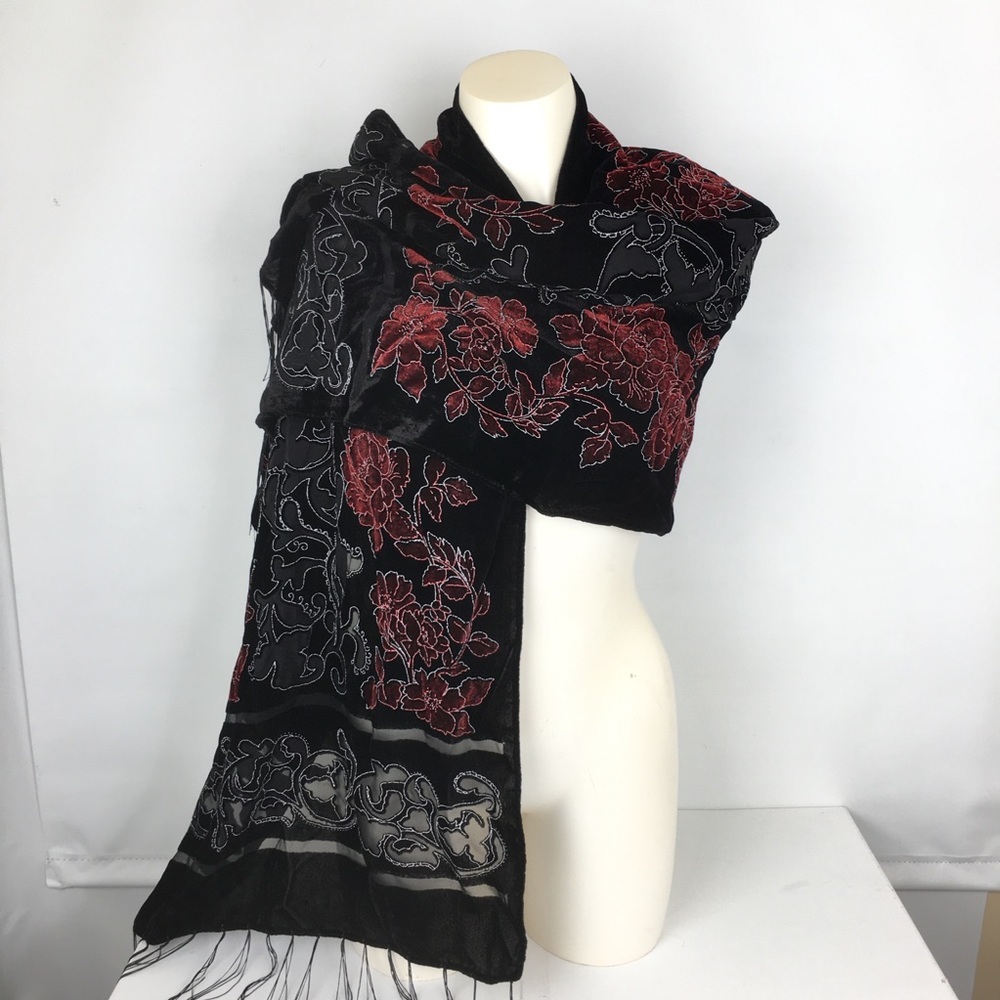 Floral Velvet Burnout Wide Scarf Wrap Black Red Sheer Fringe Evening Romantic - Picture 3 of 15
